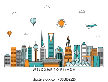 El horizonte de Riad. Ilustración de la línea del vector. Diseño de estilo de línea