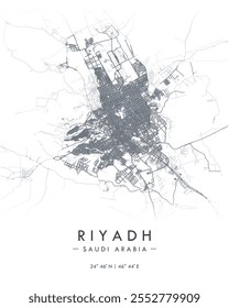 Riyadh vector print map in dark theme. Detailed map of Riyadh in Saudi Arabia. Best free vector illustration. Tourist decorative minimalist street map.