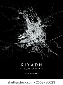 Mapa de impresión de Vector de Riad en tema oscuro. Mapa detallado de Riad en Arabia Saudita. La mejor Ilustración vectorial gratis. Mapa de calles minimalista decorativo turístico.