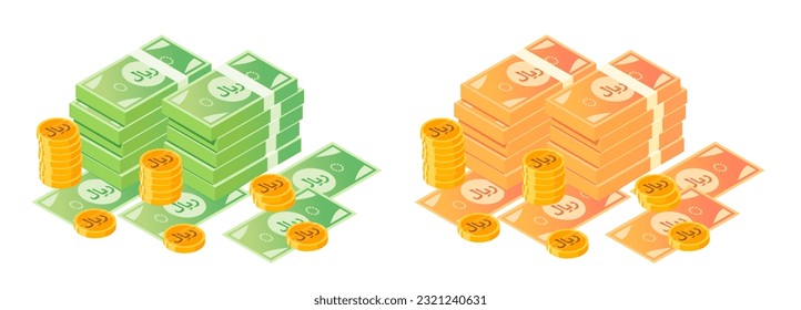 Riyal Money Bundle and Coins. Translation: Riyal