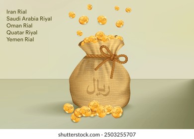 Riyal or Rial Gold Coins Falling in Sack of Bag. Realistic 3D gold coins. Vector Illustration Concept for Savings, Casino, Fortune, Profit etc.