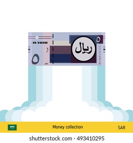 Riyal rising as a rocket. Increase of riyal on international financial markets. Saudi Arabian riyal banknote. 