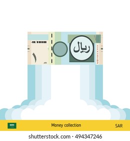 Riyal rising as a rocket. Increase of riyal on international financial markets. Saudi Arabian riyal banknote. 