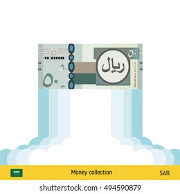 Riyal rising as a rocket. Increase of riyal on international financial markets. Saudi Arabian riyal banknote. 