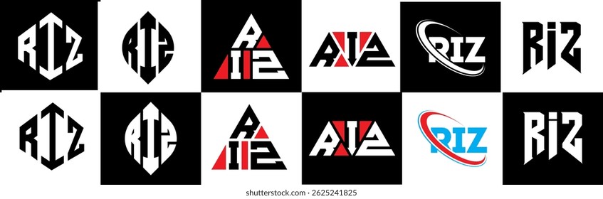 RIZ letter logo design in six style. RIZ polygon, circle, triangle, hexagon, flat and simple style with black and white color variation letter logo set in one artboard. RIZ minimalist and classic logo