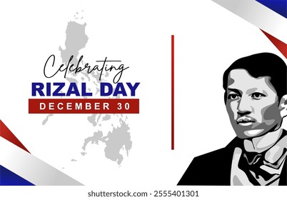 Rizal Day 30 December 2024 Greeting Banner with Jose Rizal Face Illustration and Philippines Map. Phillipines National Hero Day Background, Template, Design, Poster, Vector Illustration. 