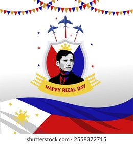 Rizal Day Greeting Design with Jose Rizal Face and Philippines Flag Illustration. Rizal Day Background, Template, Design, Poster, Vector Illustration. 