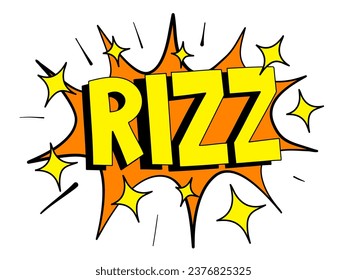 Rizz - charisma and being charismatic and charming. Text and shiny and dazzling sparks and stars. Vector illustration.