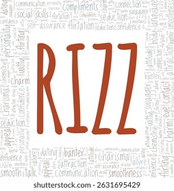 Rizz - Charme, Charisma palavra nuvem conceitual design isolado no fundo branco.