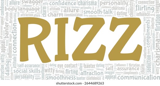 Rizz - Charme, Charisma palavra nuvem conceitual design isolado no fundo branco.