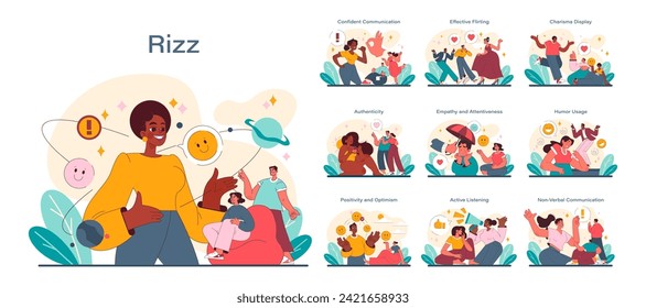 Rizz concept set. Expressive scenes of social interaction and self-presentation. Confidence, charm, and humor in communication. Diverse characters engaging in dialogue and connection. Vector.