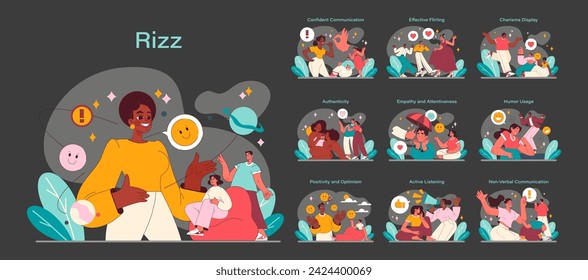 Rizz concept set. Expressive scenes of social interaction self-presentation. Confidence, charm, and humor in communication. Diverse characters engaging in dialogue and connection. Vector illustration.
