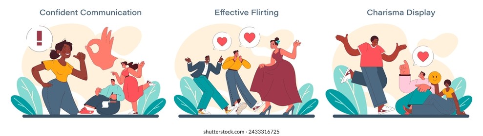 Rizz concept set. Vibrant visuals of confident communication, effective flirting, and charisma. Engaging encounters and expressive interactions. Vector illustration.