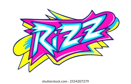 Rizz. Designation of charisma in a short word. Bright lettering in graffiti style.