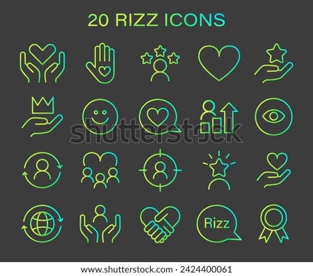 Rizz icon set. Minimalist line icons representing various aspects of social interaction and personal growth. Symbols of care, success, and vision. Vector illustration.