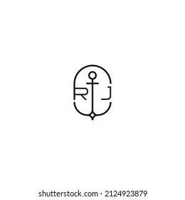 RJ creative letter logo design in anchor concept with high quality professional design that will print well across any print media