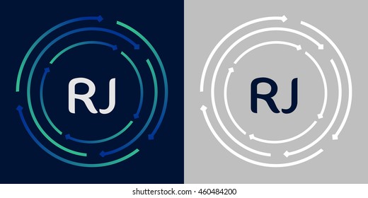 RJ design template elements in abstract background logo, design identity in circle, letters business logo icon, blue/green alphabet letters, simplicity graphics
