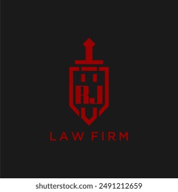 RJ initial monogram for law firm with sword and shield logo image