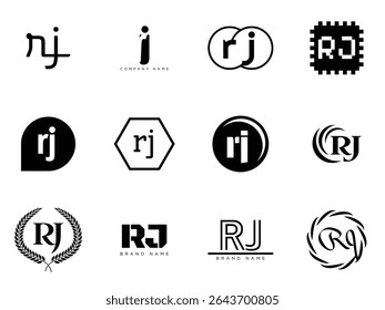 RJ logo company template. Letter r and j logotype. Set different classic serif lettering and modern bold text with design elements. Initial font typography. Collection trendy business identity.