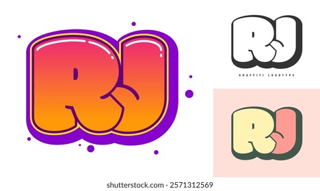 RJ logo design for festival or party. Initial letter r and j in graffiti style. Creative modern lettering company name of font typography. Kids trendy logotype or identity. Vector illustration.