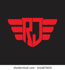 RJ Logo monogram with emblem and wings element design template on red colors