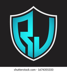 RJ Logo monogram with shield shape isolated blue colors on outline design template