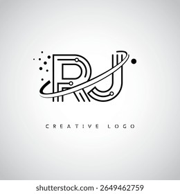 Logotipo do Monograma da Órbita RJ - Marca de Letra Mínima Futurista com Linha de Arte Circular, Pontos Inspirados na Tecnologia e Conceito de Movimento Espacial para Identidade de Marca Moderna