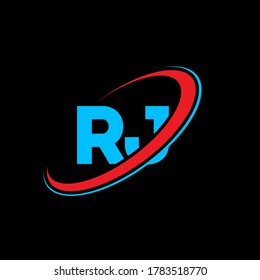 RJ R J letter logo design. Initial letter RJ linked circle uppercase monogram logo red and blue. RJ logo, R J design. rj, r j
