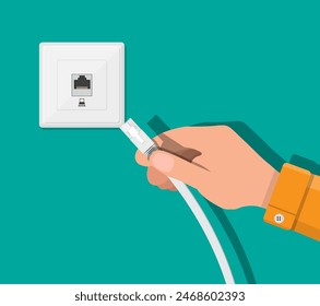 RJ45 LAN cable in hand and network socket. Internet. Vector illustration in flat style