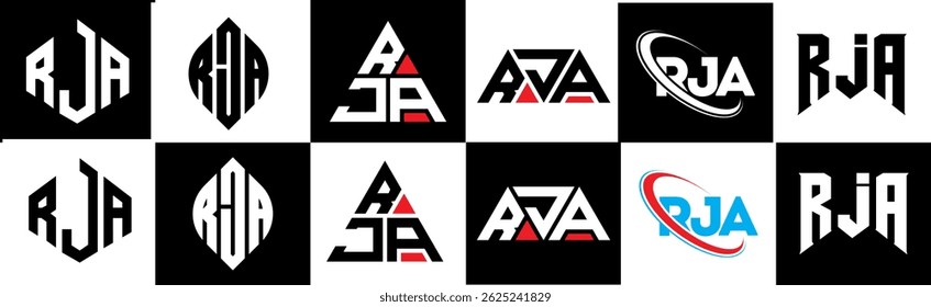 RJA letter logo design in six style. RJA polygon, circle, triangle, hexagon, flat and simple style with black and white color variation letter logo set in one artboard. RJA minimalist and classic logo