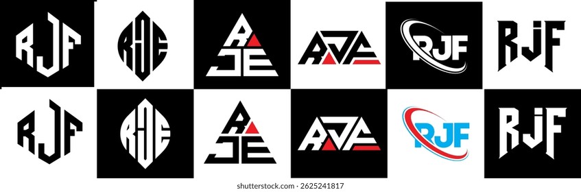 RJF letter logo design in six style. RJF polygon, circle, triangle, hexagon, flat and simple style with black and white color variation letter logo set in one artboard. RJF minimalist and classic logo