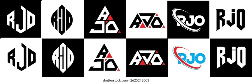 RJO letter logo design in six style. RJO polygon, circle, triangle, hexagon, flat and simple style with black and white color variation letter logo set in one artboard. RJO minimalist and classic logo