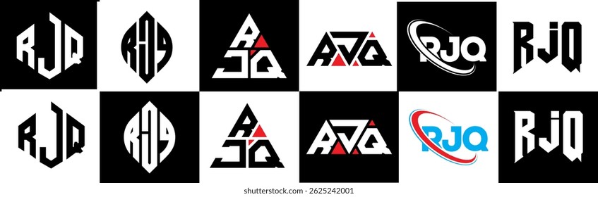 RJQ letter logo design in six style. RJQ polygon, circle, triangle, hexagon, flat and simple style with black and white color variation letter logo set in one artboard. RJQ minimalist and classic logo