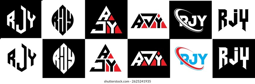 RJY letter logo design in six style. RJY polygon, circle, triangle, hexagon, flat and simple style with black and white color variation letter logo set in one artboard. RJY minimalist and classic logo