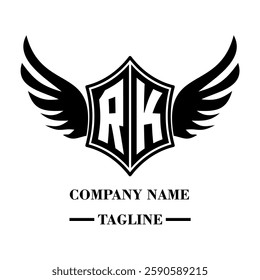 RK bold shield logo with wings, customizable with letters A to Z. Perfect for brands seeking a powerful symbol of strength, freedom, and ambition