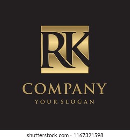 RK initial letters looping linked box elegant logo golden black background