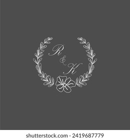 RK initial monogram wedding with creative leaf