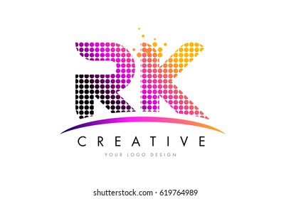 RK R K Dots Letter Logo Design with Magenta Bubble Circles and Swoosh