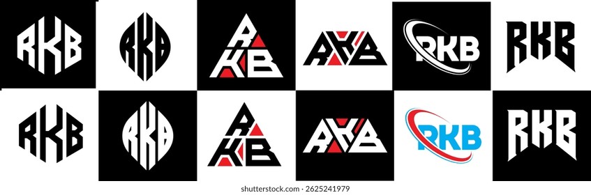 RKB letter logo design in six style. RKB polygon, circle, triangle, hexagon, flat and simple style with black and white color variation letter logo set in one artboard. RKB minimalist and classic logo