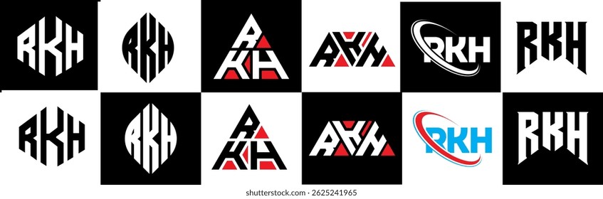 RKH letter logo design in six style. RKH polygon, circle, triangle, hexagon, flat and simple style with black and white color variation letter logo set in one artboard. RKH minimalist and classic logo