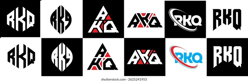 RKQ letter logo design in six style. RKQ polygon, circle, triangle, hexagon, flat and simple style with black and white color variation letter logo set in one artboard. RKQ minimalist and classic logo