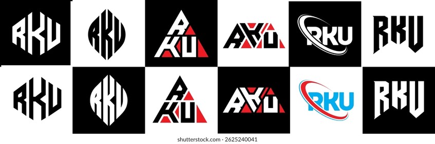RKU letter logo design in six style. RKU polygon, circle, triangle, hexagon, flat and simple style with black and white color variation letter logo set in one artboard. RKU minimalist and classic logo