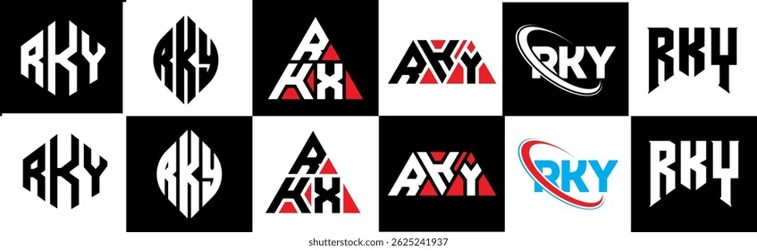 RKY letter logo design in six style. RKY polygon, circle, triangle, hexagon, flat and simple style with black and white color variation letter logo set in one artboard. RKY minimalist and classic logo