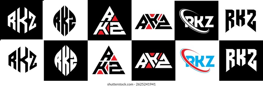 RKZ letter logo design in six style. RKZ polygon, circle, triangle, hexagon, flat and simple style with black and white color variation letter logo set in one artboard. RKZ minimalist and classic logo