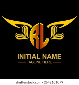 RL Golden Wing Emblem Logo with elegant gold wings, sleek and modern design. Ideal for branding, creative projects, luxury businesses, or artistic ventures.