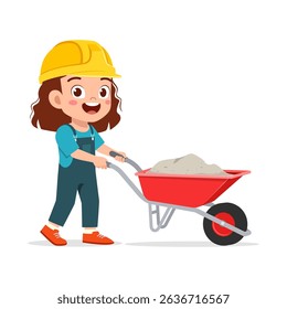 rl with helmet pushing wheelbarrow full of sand, cheerful expression cartoon style.
