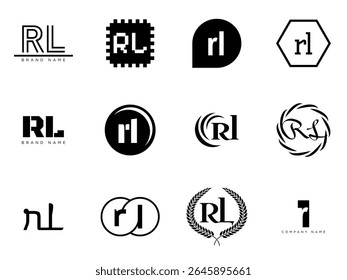 RL logo company template. Letter r and l logotype. Set different classic serif lettering and modern bold text with design elements. Initial font typography. Collection trendy business identity.