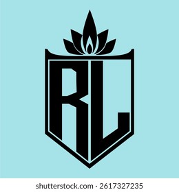 RL Logo featuring a minimalist design with a crown-like flower symbol on top, bold black elements, and a soft blue background, perfect for branding and modern visual identity.