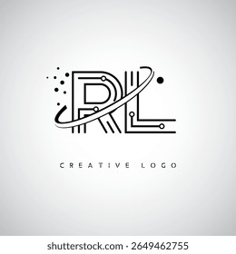 RL Orbit Monogram Logo – Futuristic Minimal Letter mark with Circular Line Art, Tech-Inspired Dots and Space Motion Concept for Modern Branding Identity