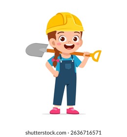 rl in Overalls and Hard Hat Holding Shovel on Shoulder Smiling Construction Worker
